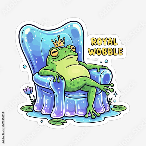 A green frog wearing a crown sits majestically on a plush blue throne Royal King Royalty Sitting Animal