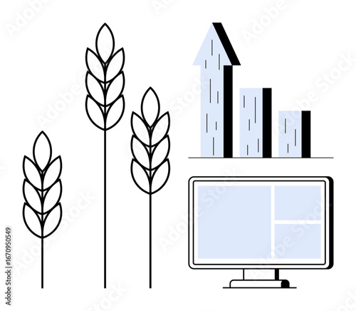 Wheat stalks beside a bar graph with an upward arrow and a computer screen emphasize agricultural growth, data analytics, sustainability, crop monitoring, innovation, and modern farming. Ideal