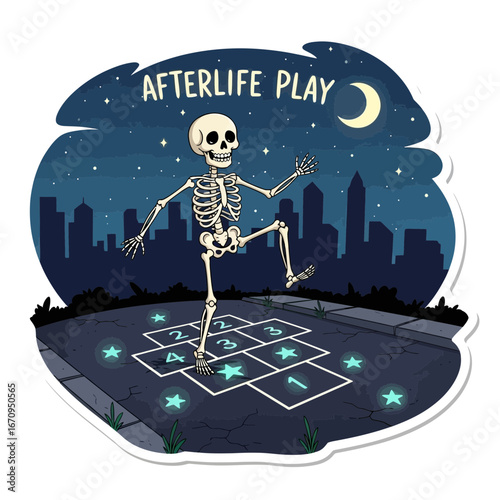 A skeleton plays hopscotch on a city street at night under a starry sky with a crescent moon Game Urban