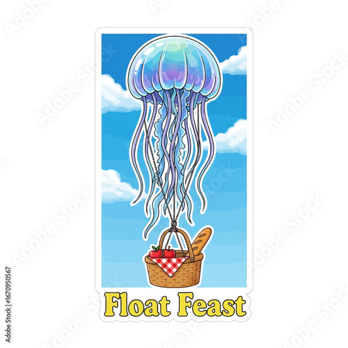 Cartoon jellyfish with trailing tentacles floats carrying a picnic basket with food against a blue sky