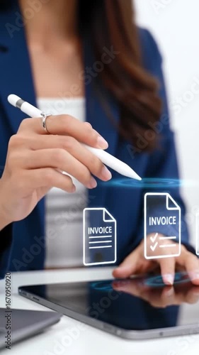 Woman's hand uses stylus on tablet to review digital invoices, streamlining financial document management in a modern office.