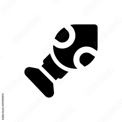 Black and white graphic illustration of a stylized space rocket with round windows and a nozzle design