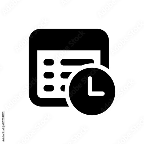 Black graphic displaying a calendar icon with rounded corners and a clock overlay on the right side