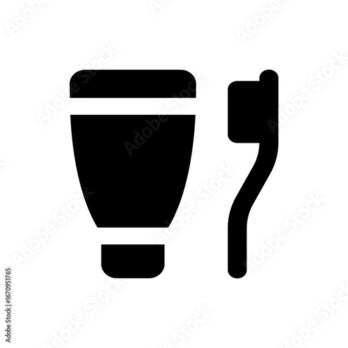 Illustration of a tube of toothpaste with a white stripe and a toothbrush in black silhouette design