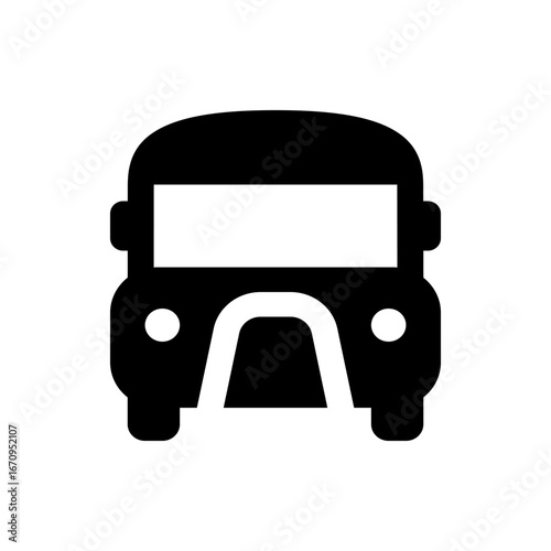 Illustration of a black bus with a white windshield and headlights on a white background front view style