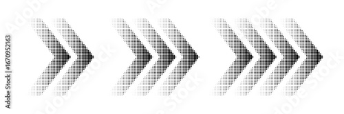 Halftone arrows, graphic pointers set, dynamic symbols with speed effect. Modern design element with stylized texture. Vector illustration.