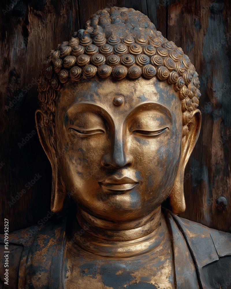 custom made wallpaper toronto digitalGolden serenity: A close-up shot of a serene gold-plated Buddha statue radiates peace and mindfulness against the backdrop of antique, weathered wood. A timeless symbol of inner peace.