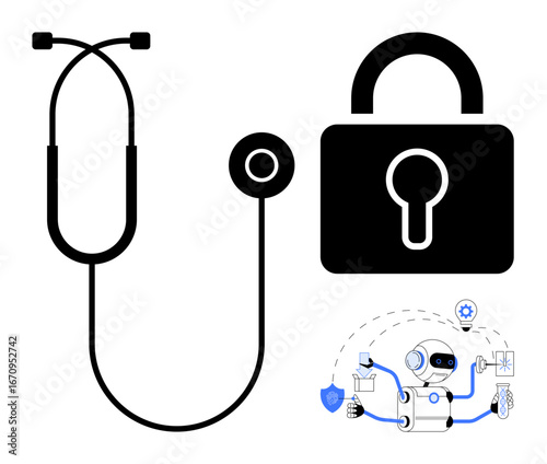 Stethoscope, padlock, and robot highlighting healthcare security, technology, artificial intelligence, data privacy, medical systems, digital innovation, and protected information in simple flat
