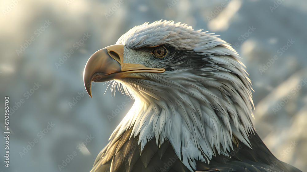 Fototapeta premium Majestic bald eagle head in profile with a snowy, sunlit background.