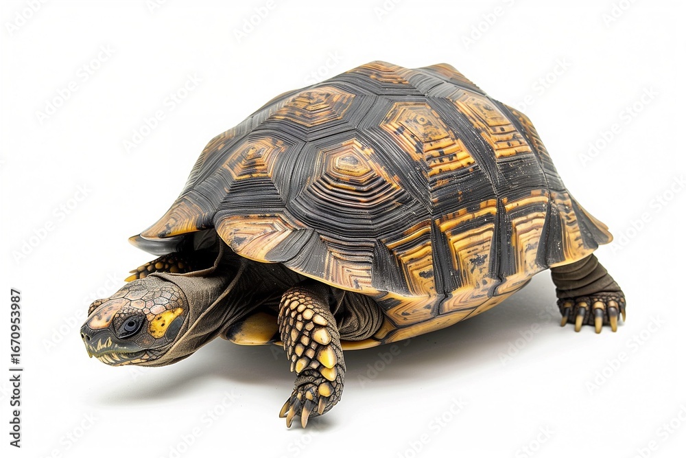 Obraz premium Slow-moving tortoise side view, clean white backdrop, detailed shell texture.