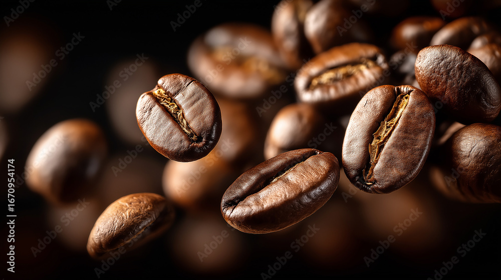 Fototapeta premium Aromatic Coffee Beans: A captivating view of freshly roasted coffee beans, exuding an enticing aroma, artfully captured, inviting the viewer into a world of rich flavour and stimulating essence.