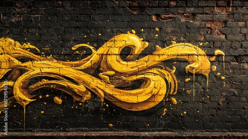 A vibrant street art graffiti mural of liquid gold on a weathered brick wall. The gold is drawn with flowing, stylized lines, and it appears to be dripping down the wall. The art is detailed 