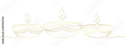 Diya diwali in golden line art style on white background	
	