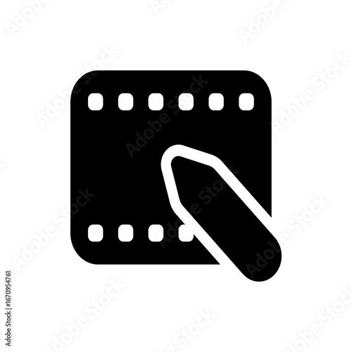 Illustration of a black film strip with rounded corners and a pen or stylus resting on the surface design