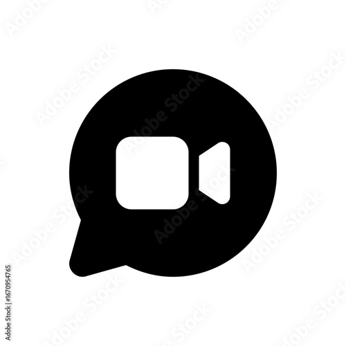 Black speech bubble icon containing a white video camera symbol for online communication purposes shown