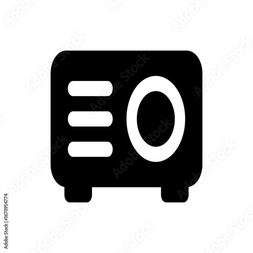 Illustration of a black projector with three horizontal lines and a circle on a white background