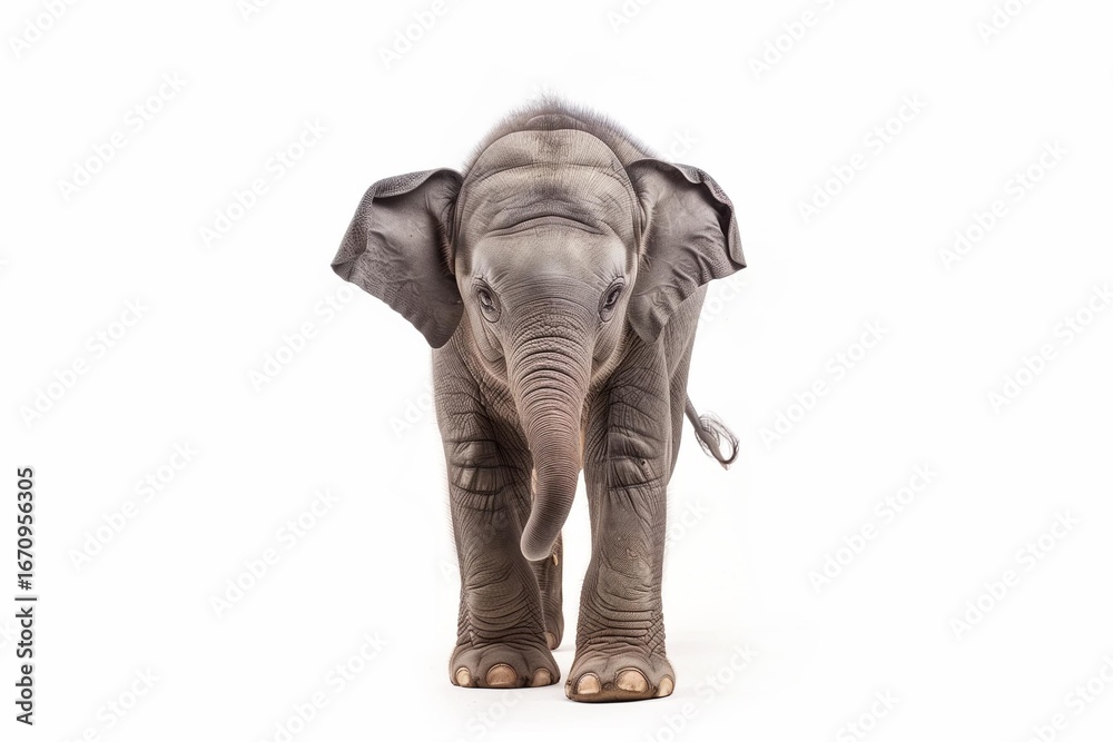 Fototapeta premium Curious baby elephant walking toward camera, white studio background.
