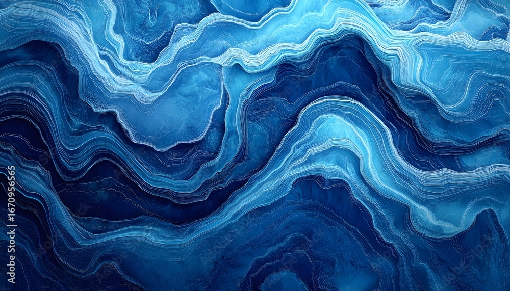Obraz premium The image shows an abstract illustration of ocean waves in various shades of blue, creating a dynamic and flowing pattern.