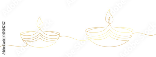Diya diwali in golden line art style on white background	
	