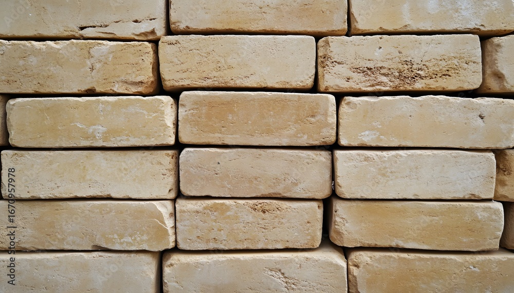 Fototapeta premium The image shows many rectangular bricks arranged in a horizontally stacked wall pattern, exhibiting variations in color and texture.
