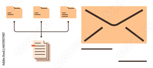 Connected file folders and a large envelope represent data organization, email communication, and file transfer. Ideal for management, communication, collaboration, archiving, sharing, storage