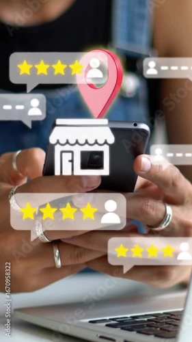 Person checking online reviews of a local business on a smartphone with a location pin and star ratings overlay.