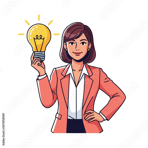 A businesswoman in a pink jacket holds a lit lightbulb above her head while standing with one hand on her hip