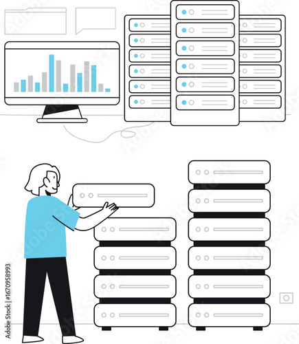 Modern Line Art Illustration: Data Center Management, Server Maintenance, and Data Analytics
