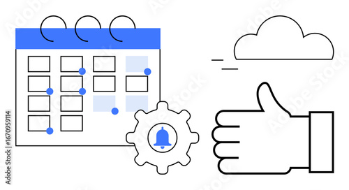 Calendar with marked dates, notifications gear, cloud, and thumbs-up. Ideal for task organization, scheduling, teamwork, time management, productivity approval processes simple landing page