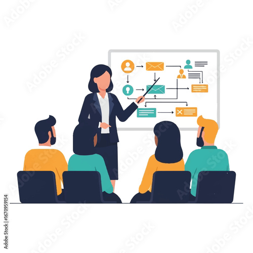 A presenter points to a flowchart on a whiteboard addressing four people in a classroomlike setting