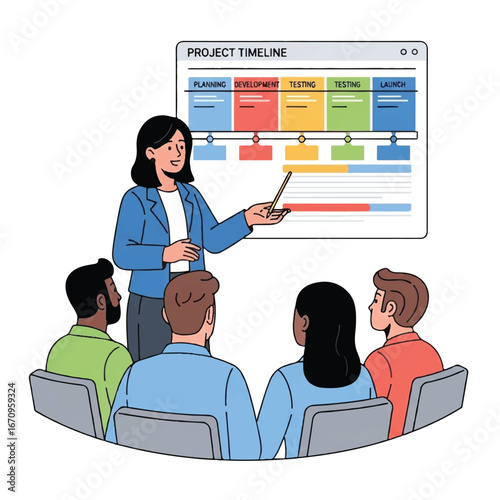 A woman presents a project timeline to a group using a pointer