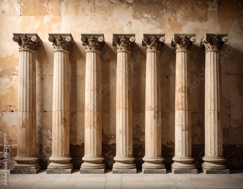 Seven classical columns against a weathered stone wall
