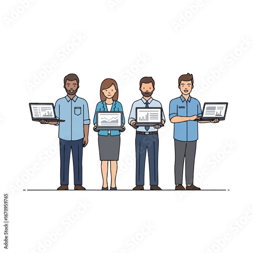 Four people stand holding laptops with charts displayed appearing to be a business team or group presenting data