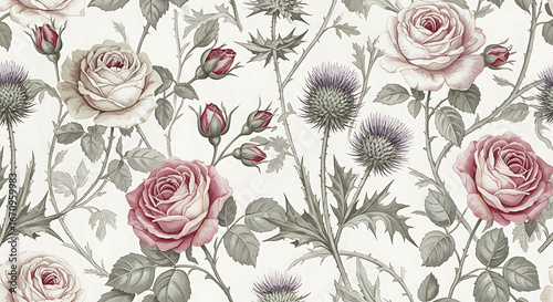 Elegant Seamless Pattern of Pink Roses and Thistle Flowers.