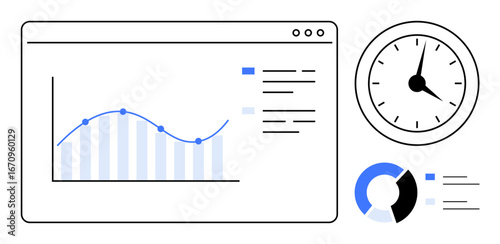 Analytical dashboard showing line chart, bar chart, pie chart, and clock. Ideal for data visualization, time planning, business reports, performance review, productivity analytics simple flat