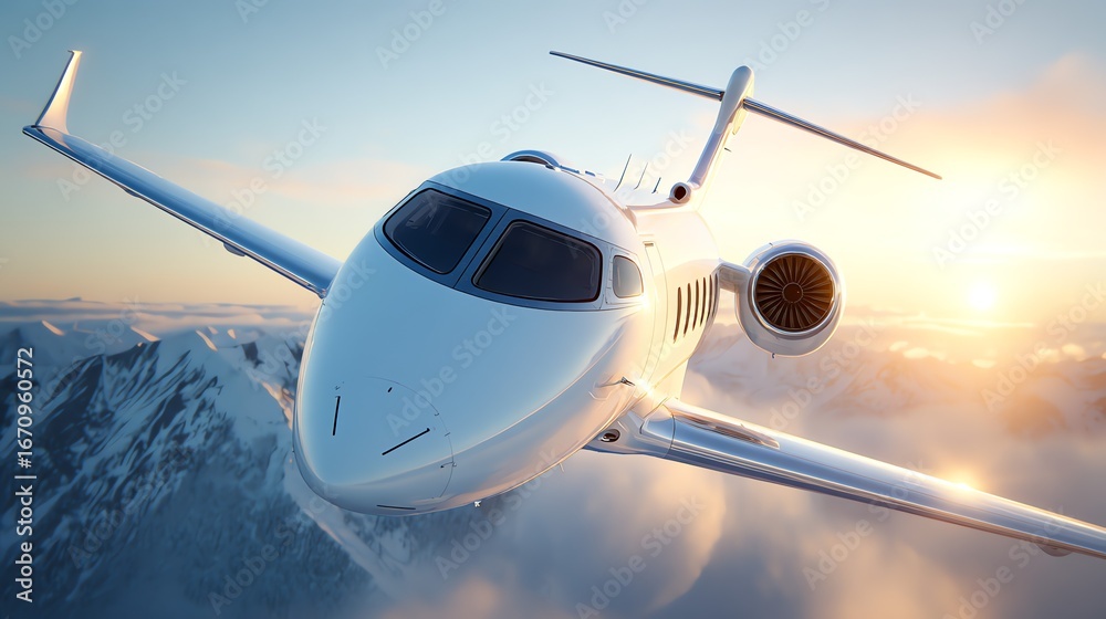 Fototapeta premium A sleek, private jet soars forward through a vibrant sunrise, capturing a sense of freedom and aspiration against a backdrop of majestic, snow-capped mountains.