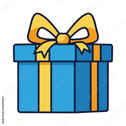 Blue cartoon gift box with yellow ribbon bow illustration
