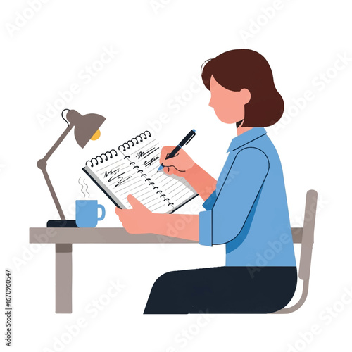 Woman writing in a notebook at a desk with a lamp and cup