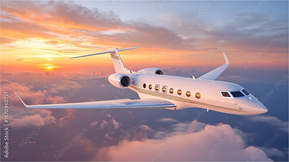 Fototapeta premium A sleek, private jet soars through a vibrant sunset sky, its polished exterior reflecting the warm hues of orange and gold amidst fluffy clouds, evoking a sense of freedom and aspiration.
