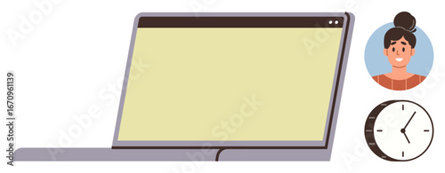 Open laptop next to a smiling user avatar and clock. Ideal for remote work, time tracking, technology, productivity, communication, schedule management, and digital collaboration. A simple flat
