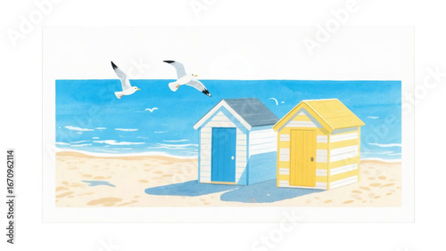 beach houses with symbols of hobbies and leisure on coast sea, ocean or lake.