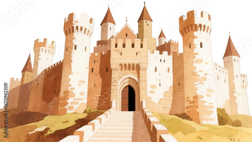 Castle with central gate and different towers, big fortress. 