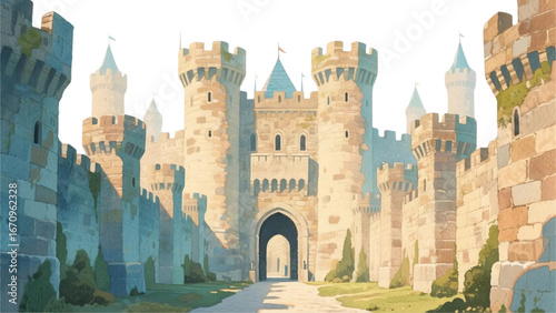 Castle with central gate and different towers, big fortress. 