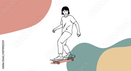 Skateboarder performing tricks with abstract shapes background minimal style vector illustration