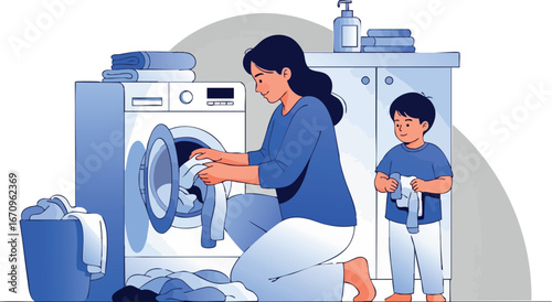 Woman and child doing laundry at home with washing machine and detergent in modern household scene