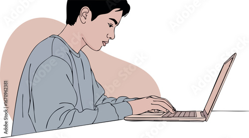 Young man working on laptop focused on screen technology vector illustration digital device usage concentration