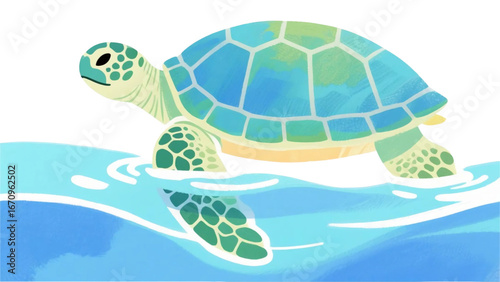 Turtle floating, colorful watercolor vector illustration. Ocean wildlife, isolated illustration on white background.