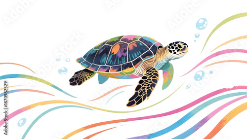 Turtle floating, colorful watercolor vector illustration. Ocean wildlife, isolated illustration on white background.