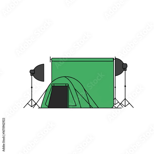 A minimalist 2D flat vector illustration depicts a vibrant greenscreen tent set up in an outdoor environment, ideal for web graphics on a clean white background.