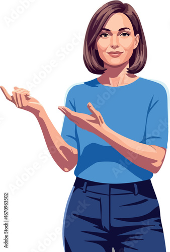 Woman in blue shirt presenting with hand gestures vector illustration for communication or business concept